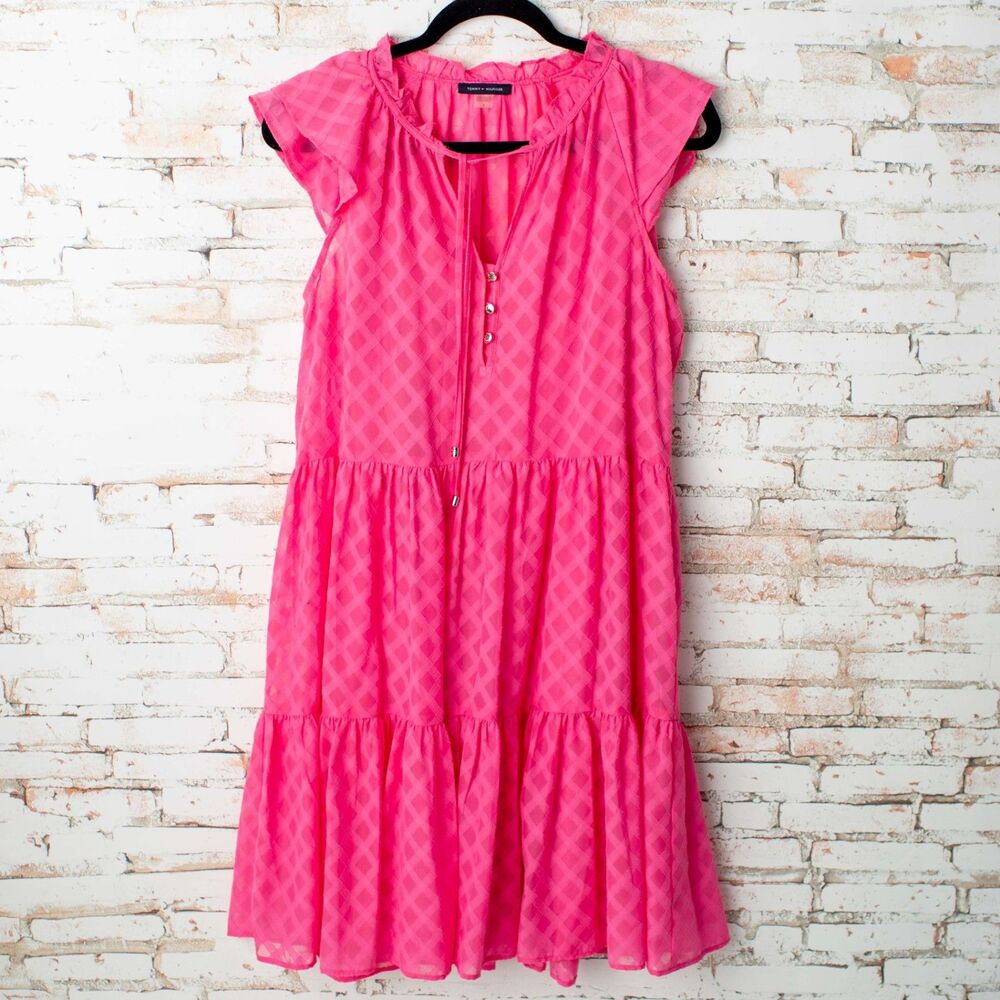 Tommy Hilfiger Women's Size 6 Pink Tiered Midi Dress Flutter Sleeve Textured